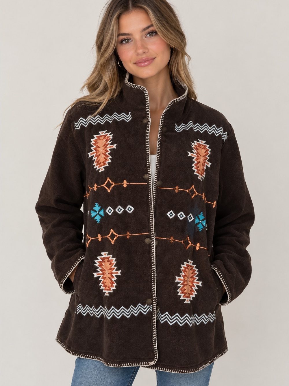 OUTBACK TRADING Santa Fe Fleece Embroidered Jacket Brown 1217